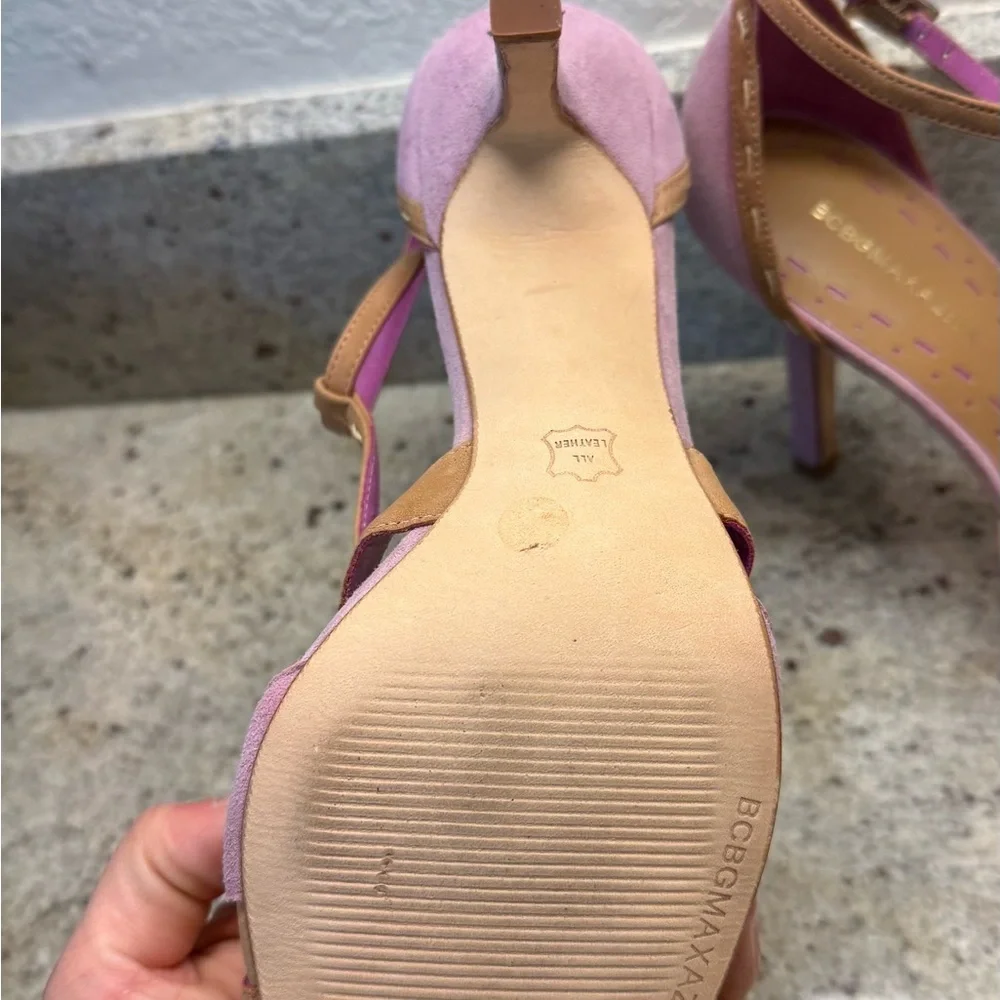 BCBGMaxAzria Pink and Tan T-Strap High Heel Sandals